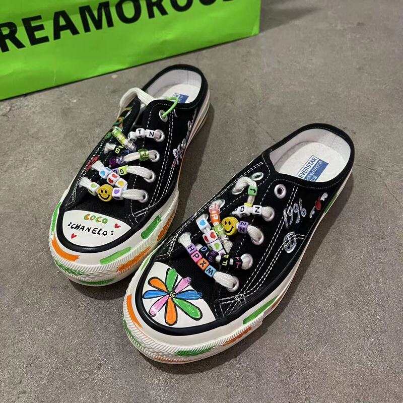 New Korean Style Cute Original Hand-Painted Graffiti Ab Style Versatile Canvas Shoes Large Size Flat Bottom College Style Sunflower
