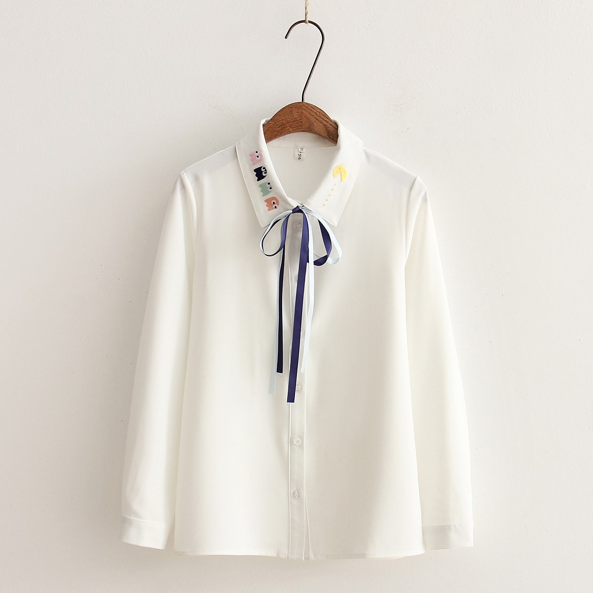 热卖7秋季新款长袖衬衫女学生文艺衬衫吃豆人刺绣系带|ruв категории Женская одежда, рубашка - от Buy2taobao.com для оказания профессиональной услуги покупки агента Taobao