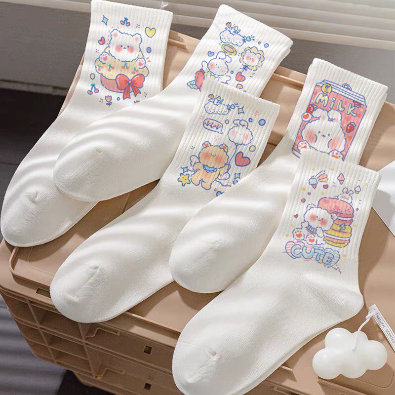 Socks Children Korean version of the cylinder Cute Day Ensemble White Cotton Socks Ins Tide 100 Hitch Long Cylinder Breathable Cartoon Students