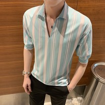 Tide Card 2021 Summer New Korean Version Fashion Trends Youth Casual Striped Lining Men Ice Silk Slim Fit Shirt