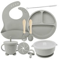 Серый дым [Bib+маленькая всасывающая чашка+две миски для ушей (с крышкой)+Panda Cup (с закусочной)+Pacifier+щетка+деревянная ручка ложка]