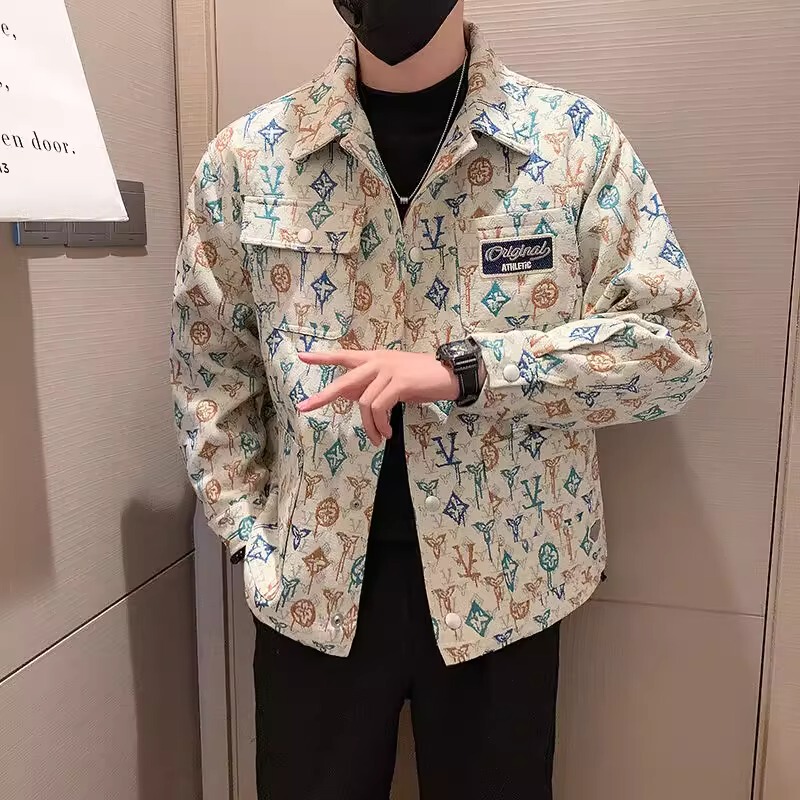 Trendy Brand Stylish Jacquard Jacket for Men, Spring and Autumn Style, High-End Short Floral Jacket with Turn-Down Collar, Men's Autumn Top Trendy Brand Stylish Jacquard Jacket for Men, Spring and Autumn Style, High-End Short Floral Jacket with Turn-Down Collar, Men's Autumn Top