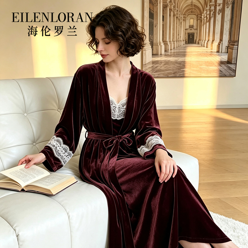Helen Roland 100% Mulberry Silk Velvet Women's Autumn and Winter French-Style High-End Lace Nightgown 840411238 Helen Roland 100% Mulberry Silk Velvet Women's Autumn and Winter French-Style High-End Lace Nightgown 840411238