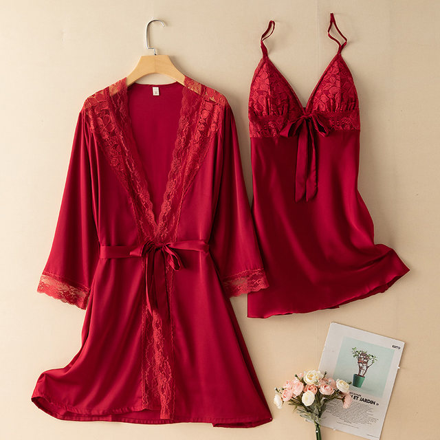 Long-sleeved pajamas women's 2022 summer ice silk thin nightgown nightdress suit sexy belt chest pad pure desire style home wear