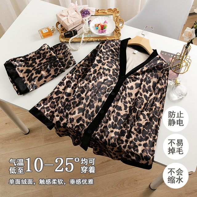 Gold velvet pajamas women's spring and autumn net red hot style houndstooth long-sleeved suit leopard print home clothes two-piece set can be worn outside