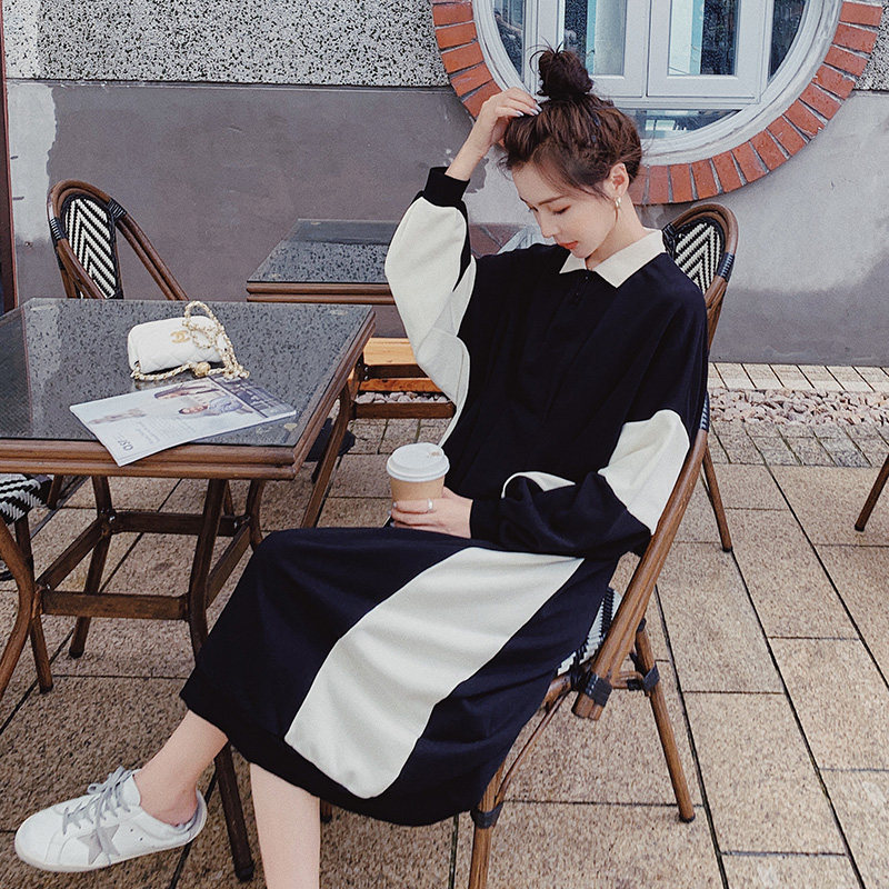 Pregnancy Woman Dress Early Autumn Ocean Dress Korean Version Loose Tide Moms Black & White Collage Dress Fashion Pregnancy Long Sleeve Dress