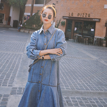 Maternity dress autumn 2020 new fashion mom personality denim skirt Korean version loose spring and autumn long-sleeved fishtail skirt women
