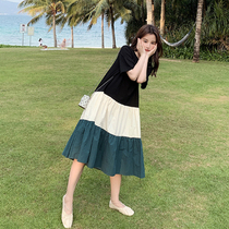 Maternity dress summer new fashion hot mom pregnancy short-sleeved top contrast stitching maternity T-shirt skirt