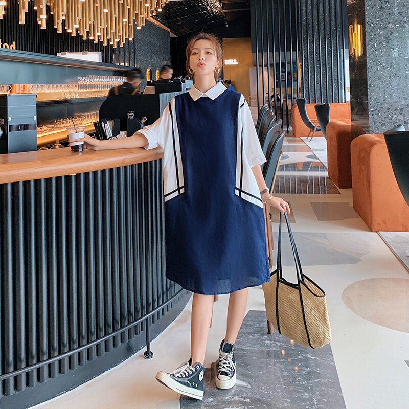 2022 summer maternity wear fashion hit color stitching dress trendy hot mom loose slim summer skirt during pregnancy