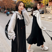 Pregnant women early spring dress Korean tide mother loose black and white color dress fashion pregnancy long sleeve skirt