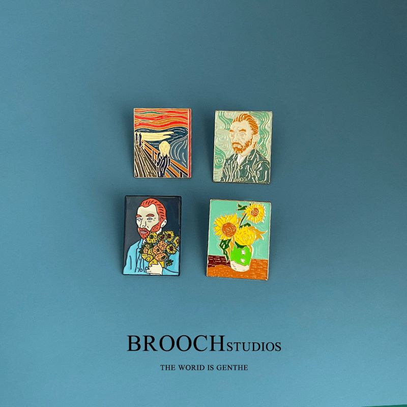 Van Gogh perimeter oil painting Sunflower Brooch Needle and American retro hanging decoration figure Don't pin bag clothes Pendant Badge