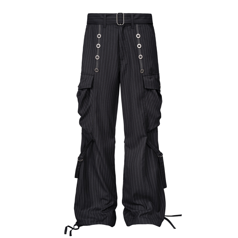 Esaias Saiya's Dark Track Dark-Striped Webbing Buttoned Wool Cannonball Trousers with Adjustable Belt