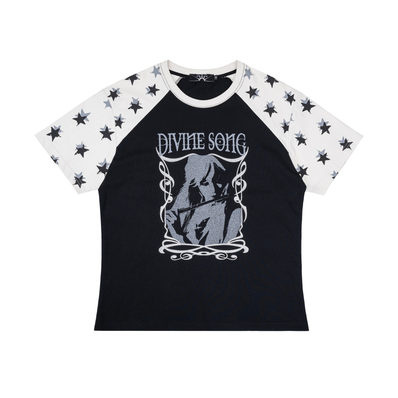 Esaias Saiya's Magic Flute Calypso Witch Note Star Glitter Print Contrast Color Short Sleeve T-Shirt