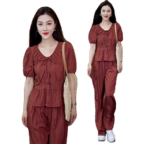 Chiffon Suit Womens 2024 Summer New Style Small Fashionable Thin Top Narrow Wide Leg Pants Two-piece Set