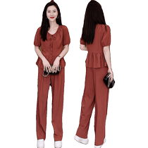 2024 new summer style thin fashionable wide-leg sweatpants suit womens western style short-sleeved sweatpants two-piece set