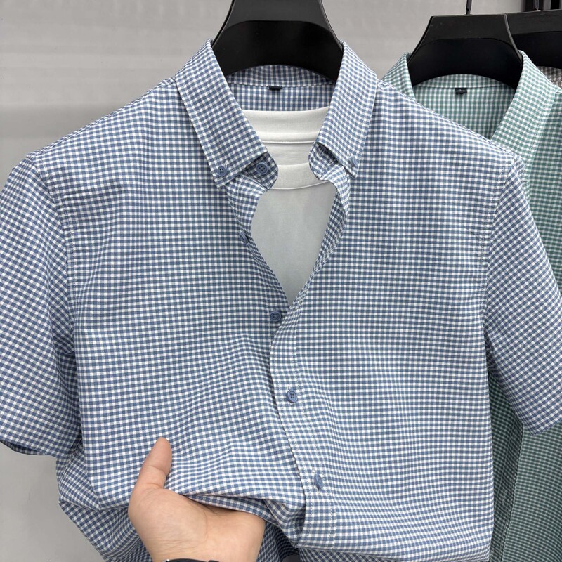 Authentic Summer Business Tommy Pure 100% Cotton Small Checkered Shirt Short-Sleeved Shirt for Men, No-Iron High-End Casual Shirt Authentic Summer Business Tommy Pure 100% Cotton Small Checkered Shirt Short-Sleeved Shirt for Men, No-Iron High-End Casual Shirt