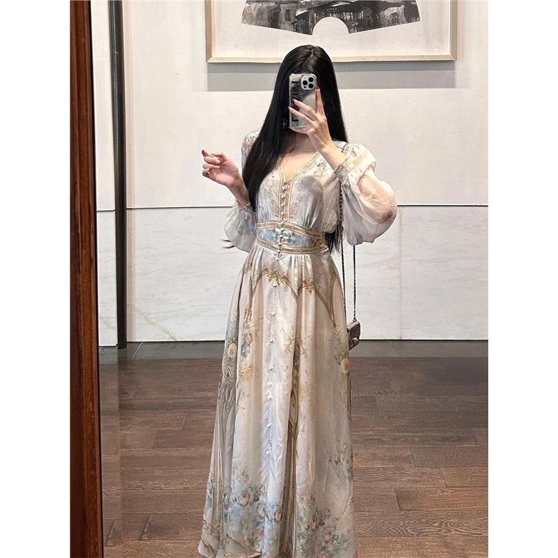 French V Neck Printed Long-Sleeved Dress for Women in Spring & Fall, Bohemian Style, Waist-Cinching, Seaside Vacation Long Skirt