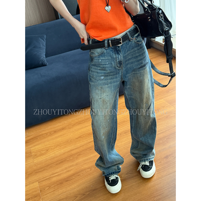 【Vintage Blues】Zhou Yitong Blue High-Waisted Washed Straight-Leg Jeans for Women, Summer Niche Design Pants 【Vintage Blues】Zhou Yitong Blue High-Waisted Washed Straight-Leg Jeans for Women, Summer Niche Design Pants