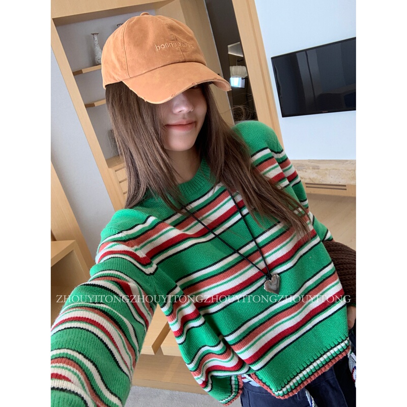 [the Wizard of oz] Zhou Yitong's New Striped Long-Sleeved Sweater for Women, Autumn and Winter Casual Round-Neck Pullover Top