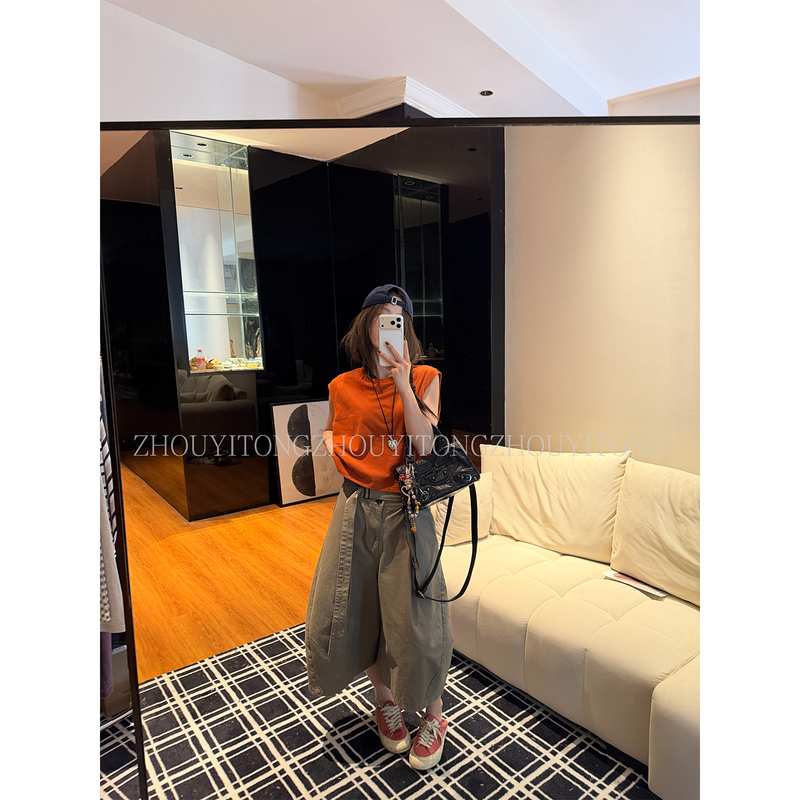 Midsummer Night Zhou Yitong Summer Orange Sleeveless Vest Women's Summer Design Niche Loose T-Shirt Top