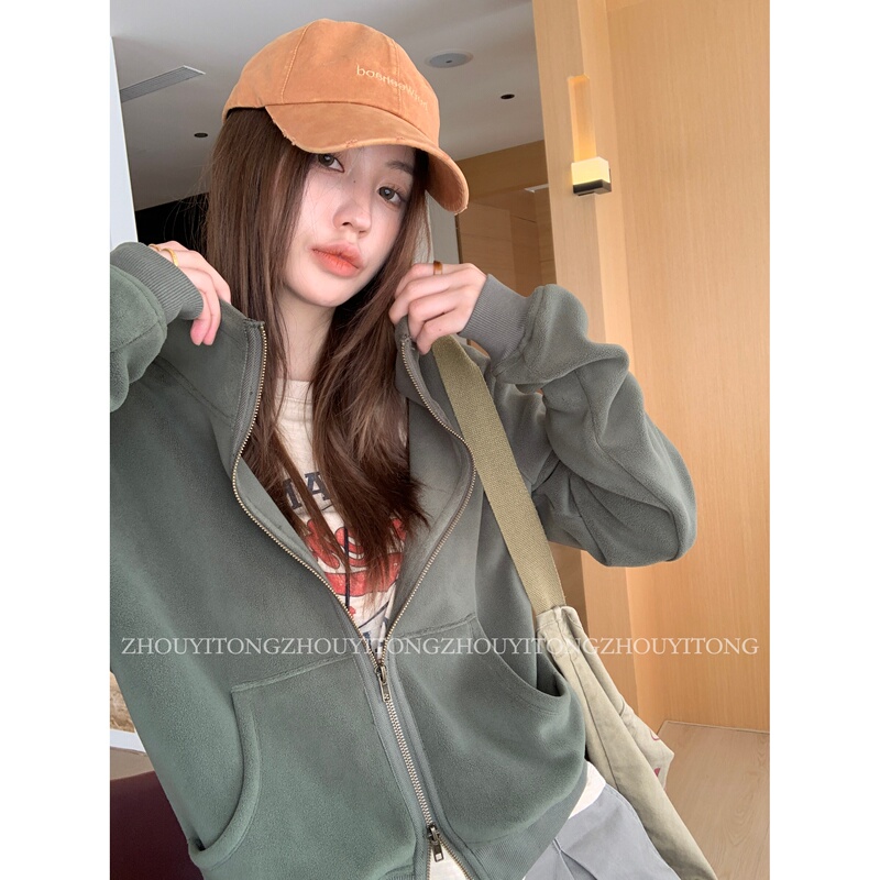 [Escape on the Weekend] Zhou Yitong's New Autumn and Winter American-Style Green Heavy Fleece-Lined Hooded Sweatshirt Zipper Jacket for Women