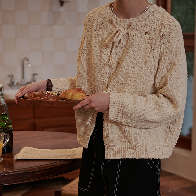 One party two episodes retro wild one piece cream goose yellow black beanie cotton handmade twist rope knitted cardigan short sleeves