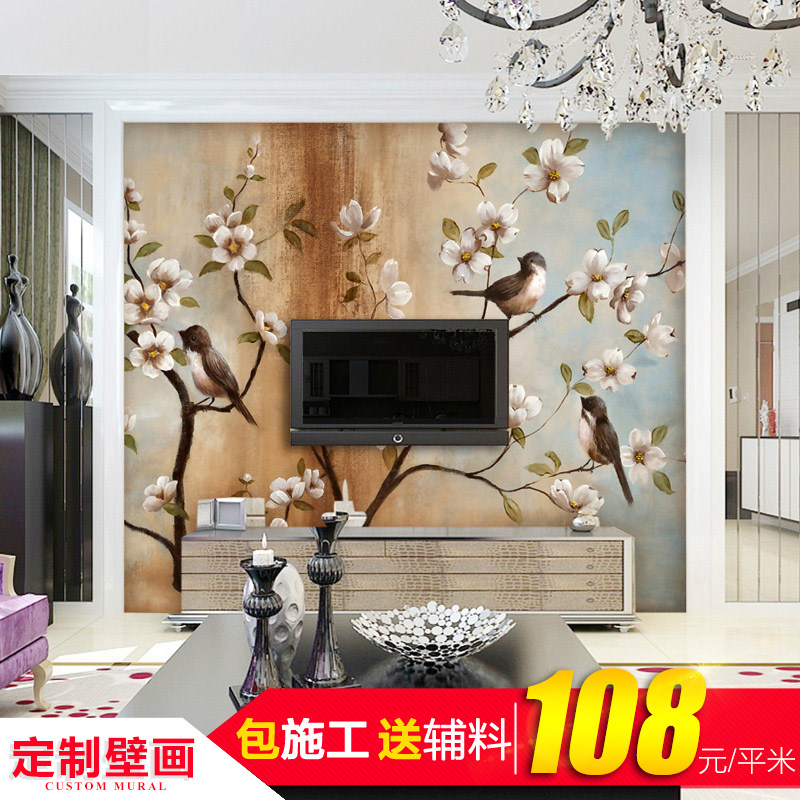 Modern Chinese wallpaper living room TV background wall painting magnolia flower bird wallpaper custom mural seamless wall cloth