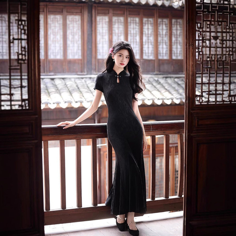 2025 Summer Postpartum Full-Moon Outing Party Nursing Dress Black Mermaid Style Elegant Slim-Fit Nursing Long Cheongsam 2025 Summer Postpartum Full-Moon Outing Party Nursing Dress Black Mermaid Style Elegant Slim-Fit Nursing Long Cheongsam