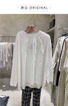 ANO2022 spring and summer new minimalist single pocket white round collar blouse Han version loose thin and thin section long sleeve t-shirt