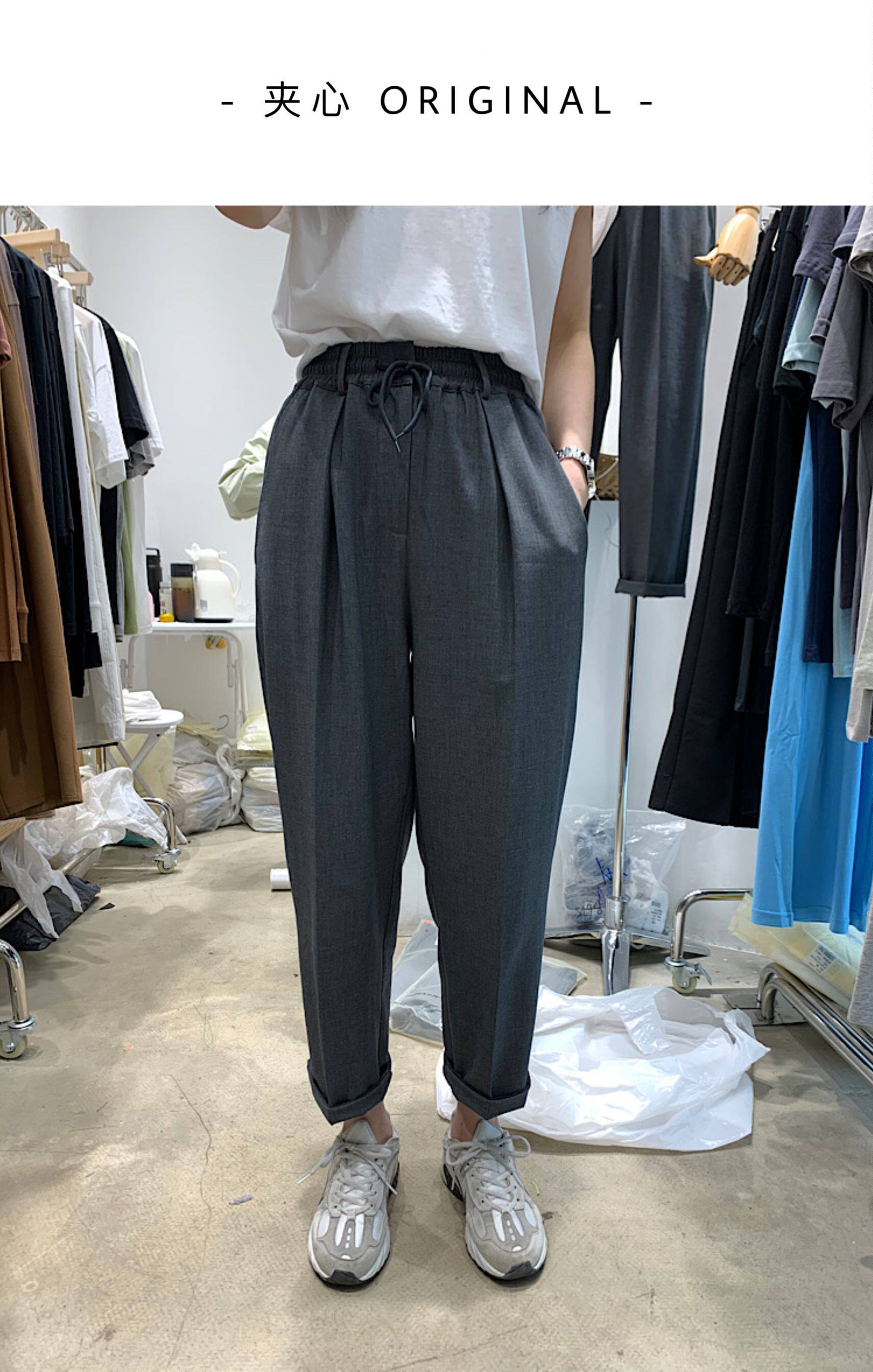 RUNXI drawstring women's spring and summer elastic waist sagging cigarette pants Korean version loose and thin high waist nine-point suit pants