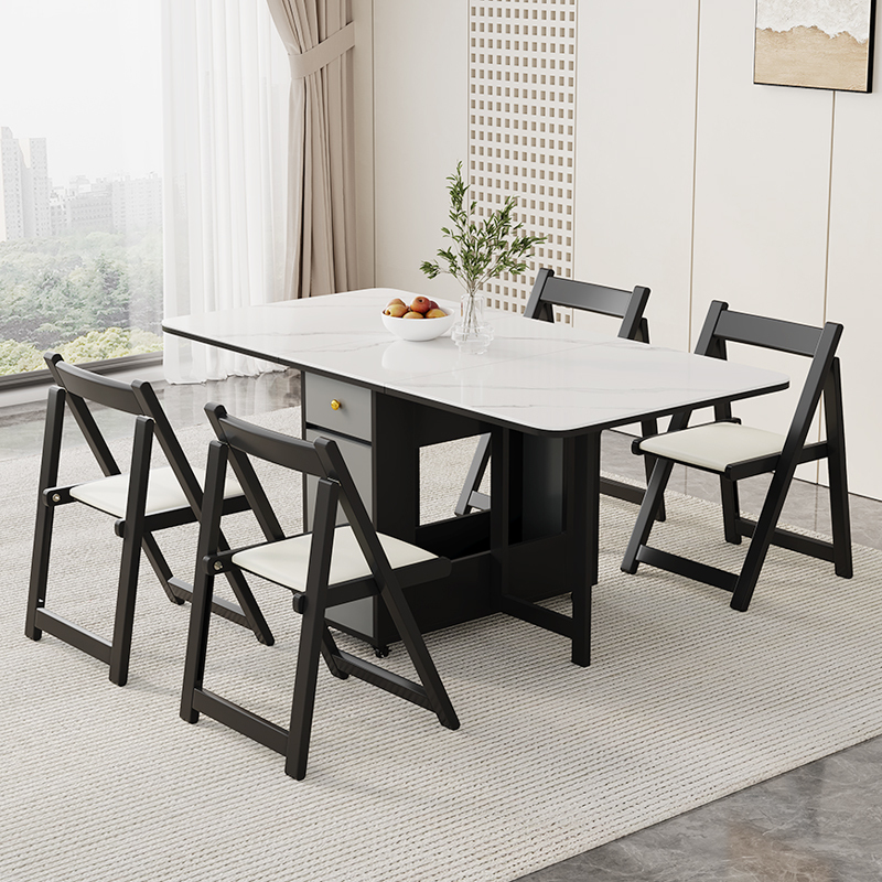 All-Solid Wood Modern Minimalist Slate Folding Dining Table for Home Use, Small Apartment, Rectangular, 10-Person, Movable with Wheels