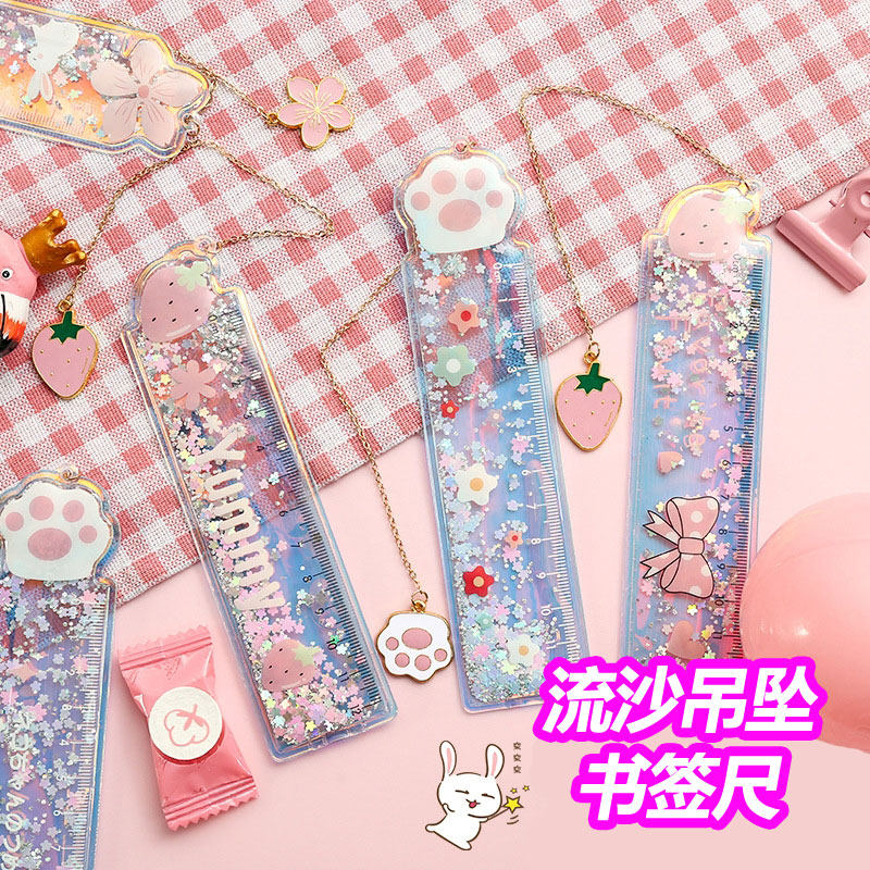 Quicksand bookmark ruler Korean creative cherry blossom cute cartoon girl heart ruler children female super cute pretty kindergarten soft ruler multi-functional ins wind net red personality primary school fairy ruler
