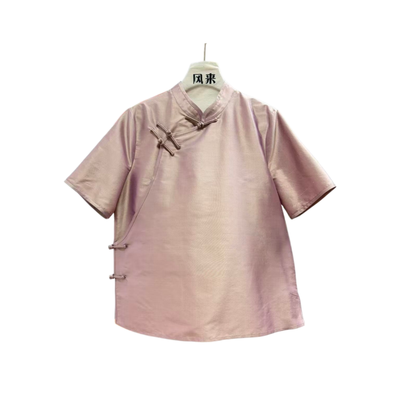Yarn-Dyed Double Palace Silk 100% Mulberry Silk Diagonal Collar Short-Sleeve 2026 Spring/Summer New Style New Chinese Style National Style Shirt for Women Yarn-Dyed Double Palace Silk 100% Mulberry Silk Diagonal Collar Short-Sleeve 2026 Spring/Summer New Style New Chinese Style National Style Shirt for Women
