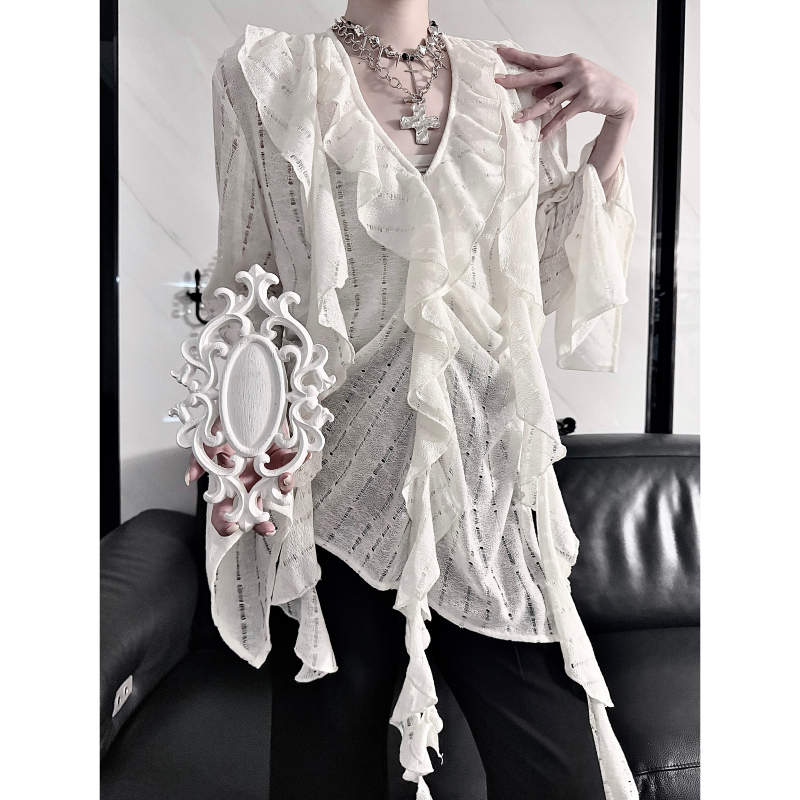 Aont Summer New Original Design Niche Top Lace Ribbon Ruffle V-Neck Irregular Hollow Shirt Aont Summer New Original Design Niche Top Lace Ribbon Ruffle V-Neck Irregular Hollow Shirt