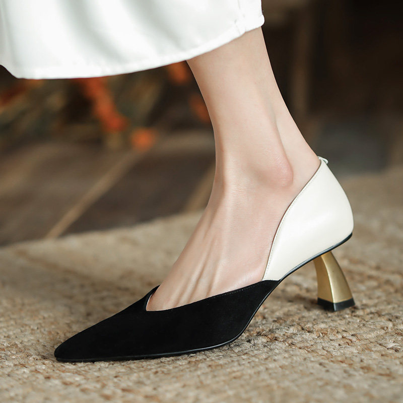 Givenivan uses contrasting colors to ingeniously attract attention~Black high-heeled 5 5cm female pointed toe with temperament and thick heel