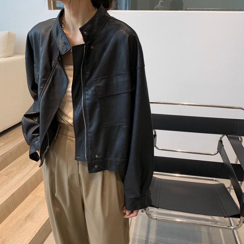 Spring and Autumn Korean Style Women's Leather Jacket, Versatile and Slimming, Short Leather Jacket for Petite Women, Hong Kong Style, Retro, Simple, Small Leather Jacket Spring and Autumn Korean Style Women's Leather Jacket, Versatile and Slimming, Short Leather Jacket for Petite Women, Hong Kong Style, Retro, Simple, Small Leather Jacket