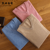 Winter 100% pure cardigan mens V-neck base loose knitted thickened sweater mens chicken heart collar middle-aged cashmere sweater