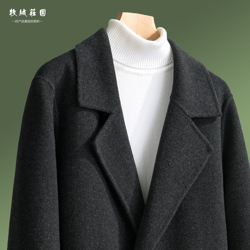 100% Wool Double-Sided Woolen Coat for Men, Mid-Length, Over-The-Knee, Double-Sided Sheep Wool Jacket, Suit Collar Woolen Trench Coat