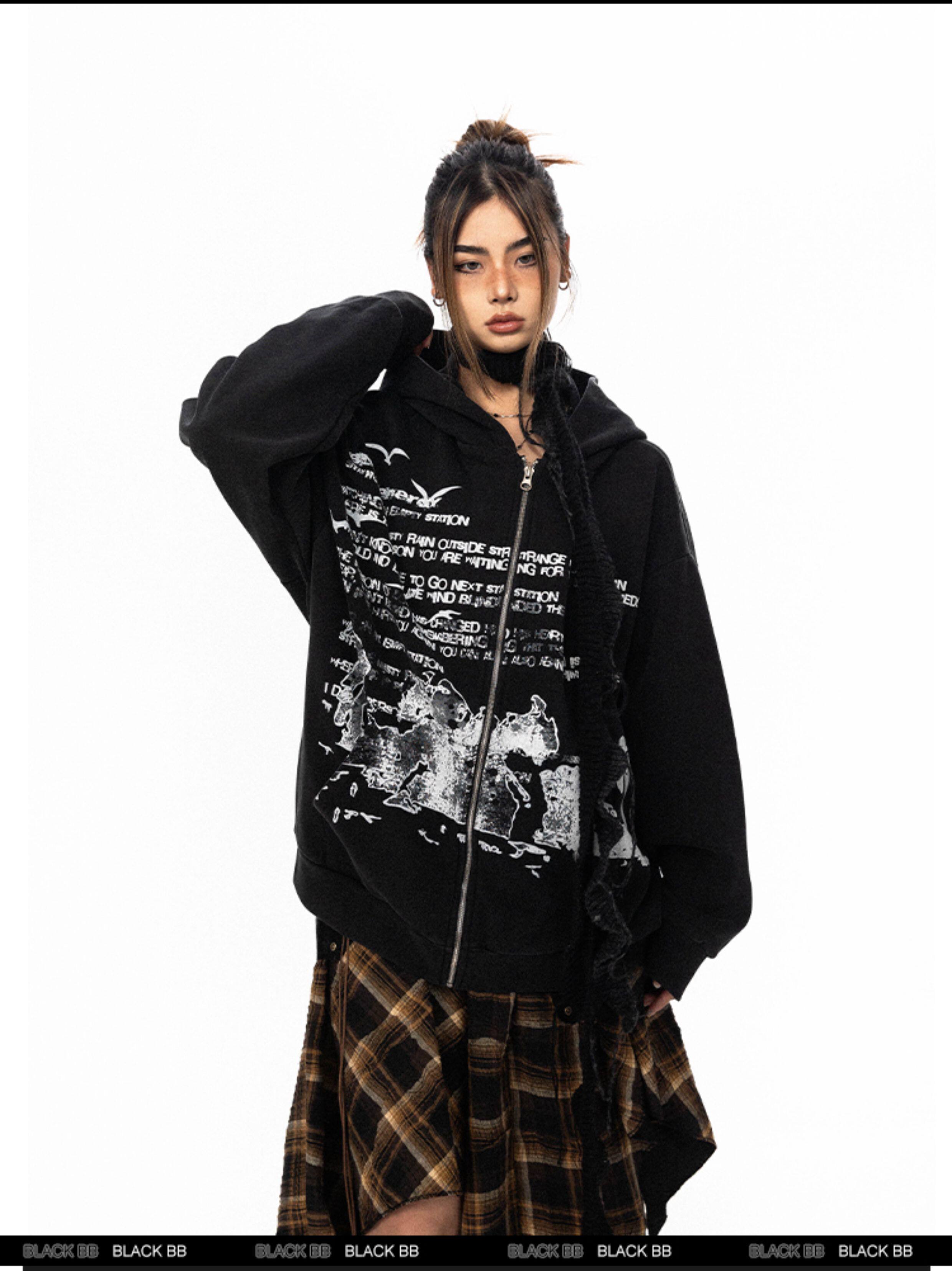 BLACKBB винтажная толстовка с капюшоном на молнии с принтом букв унисекс свободная весна-осень