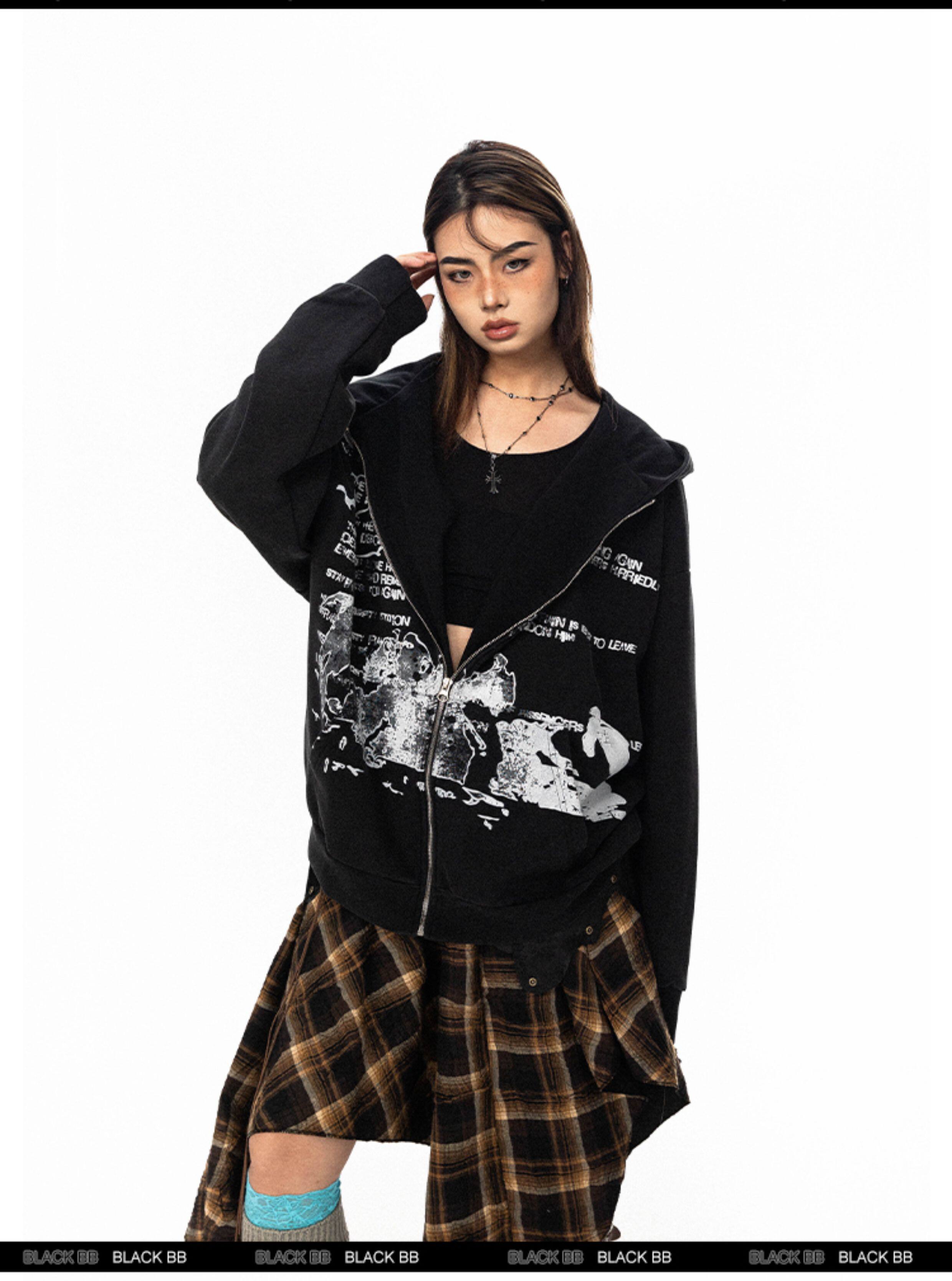 BLACKBB винтажная толстовка с капюшоном на молнии с принтом букв унисекс свободная весна-осень