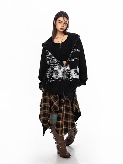 BLACKBB/复古水洗字母连帽开衫男女宽松休闲早秋印花卫衣外套上衣