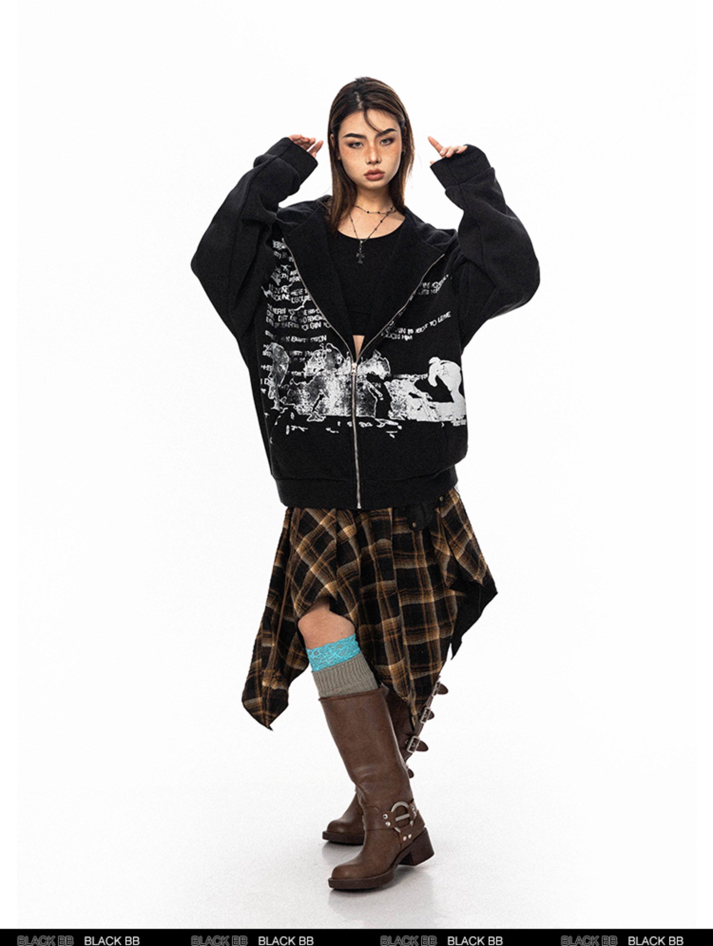 BLACKBB винтажная толстовка с капюшоном на молнии с принтом букв унисекс свободная весна-осень