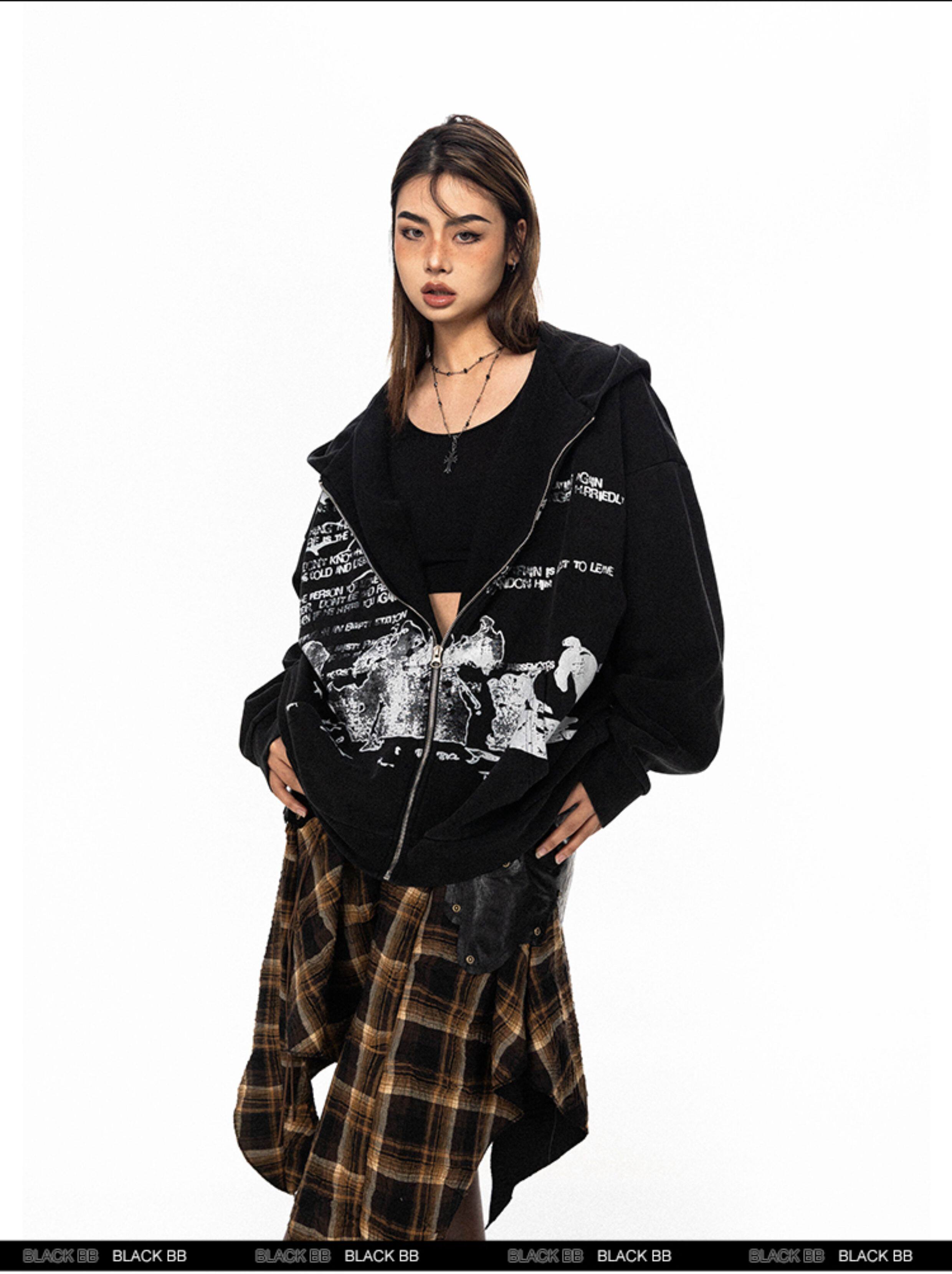 BLACKBB винтажная толстовка с капюшоном на молнии с принтом букв унисекс свободная весна-осень