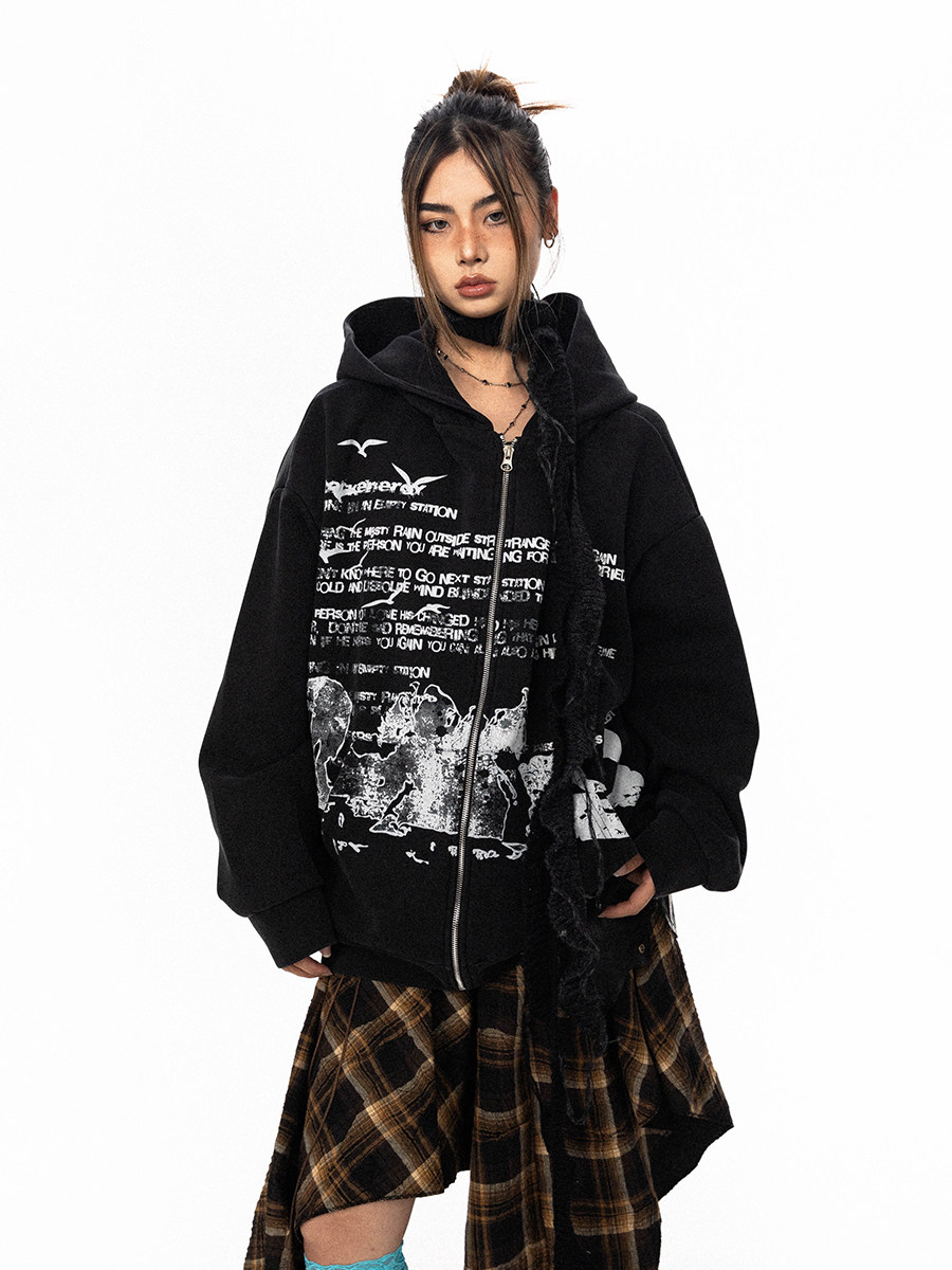 BLACKBB винтажная толстовка с капюшоном на молнии с принтом букв унисекс свободная весна-осень