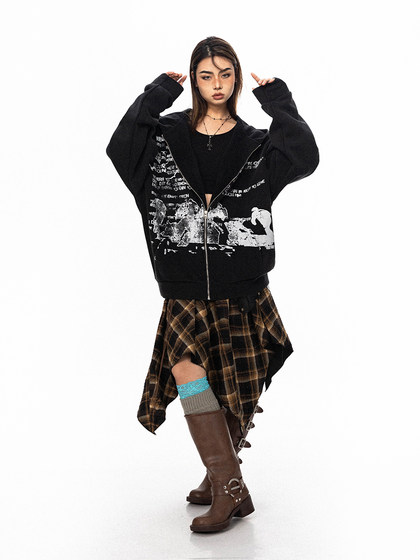 BLACKBB/复古水洗字母连帽开衫男女宽松休闲早秋印花卫衣外套上衣