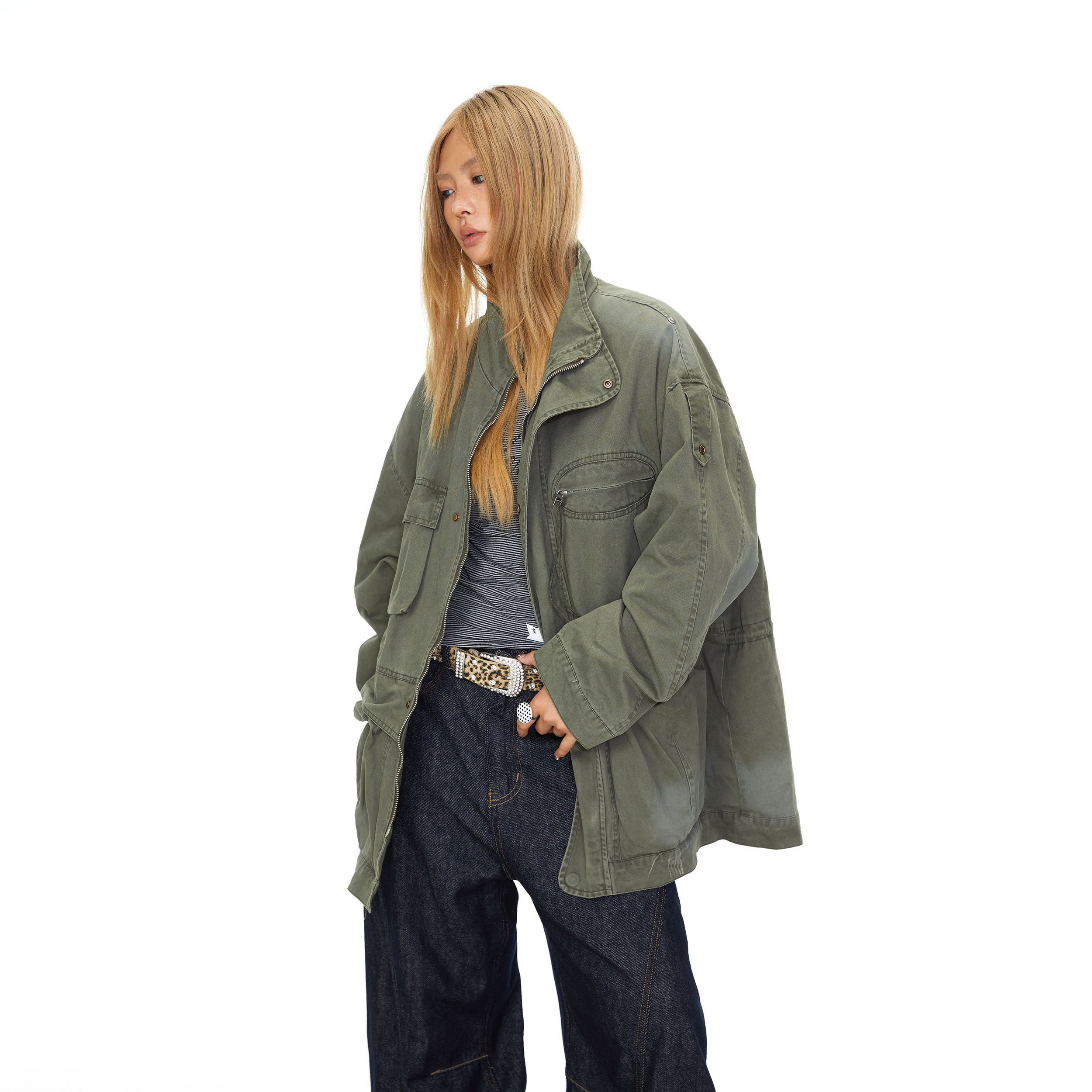 BLACKBB женская куртка с множественными карманами и воротником-стойкой на молнии, осенняя американская ретро дизайнерская свободная верхняя одежда