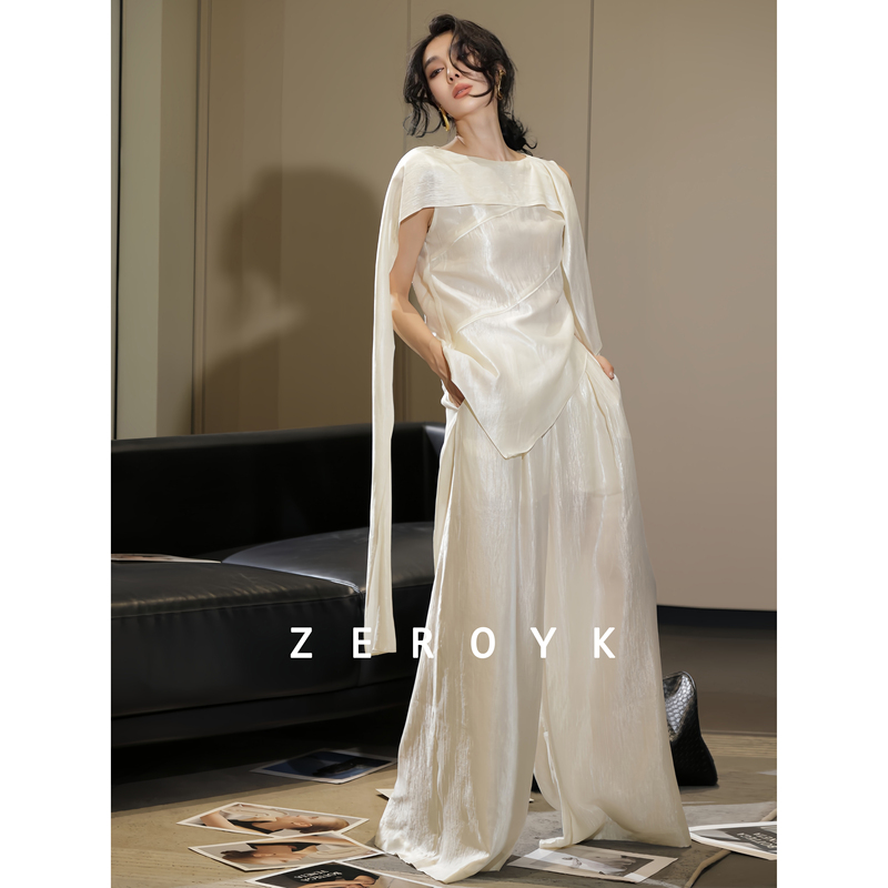 Zeroyk French-Style Elegant Sheer White Blouse with a Flowing Collar and Loose Wide-Leg Pants Casual Two-Piece Set