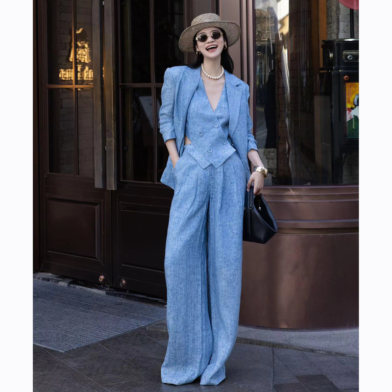 Zeroyk Old Money Style Fashion Suit Spring and Summer Design Blue Linen Suit Vest Wide Leg Pants Three-Piece Set