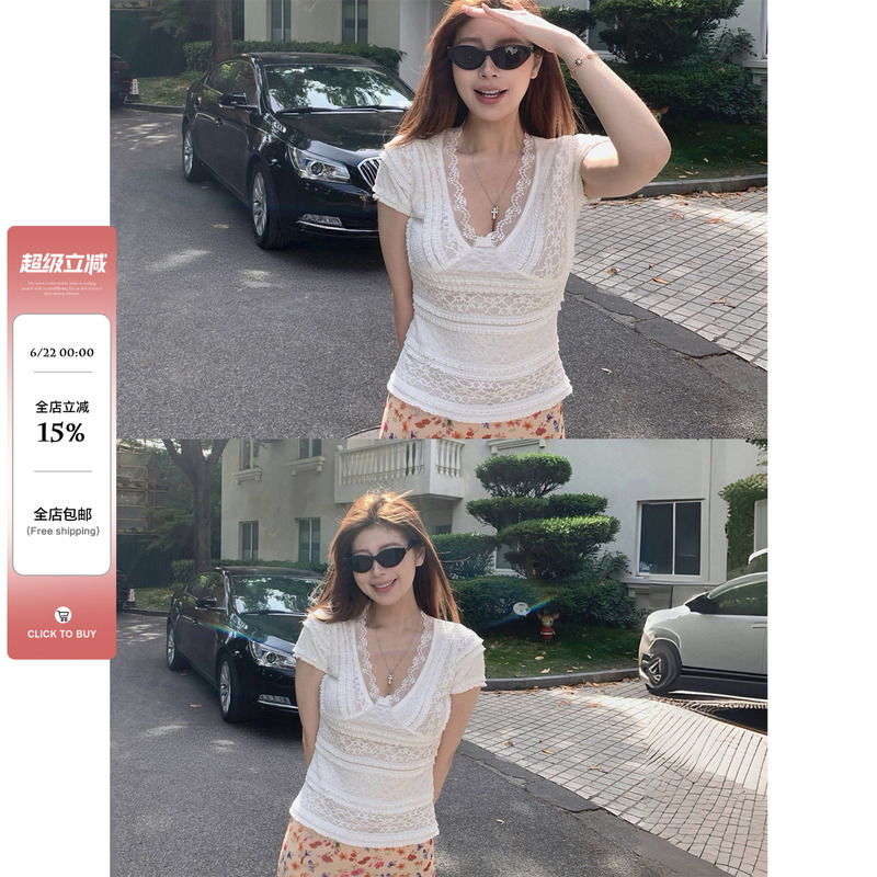 Wild Spicy Falling Flowers Floating Dreams Slightly Chubby Lace Hollow V-Neck Short Sleeve T-Shirt Summer Pure Desire Style Plus Size Top Wild Spicy Falling Flowers Floating Dreams Slightly Chubby Lace Hollow V-Neck Short Sleeve T-Shirt Summer Pure Desire Style Plus Size Top