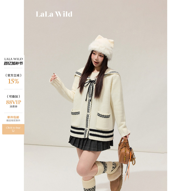 Wild Spicy Saint Martin Academy Slightly Chubby Girl College Style Navy Collar Chunky Knit Wool Plus Size Sweater Coat